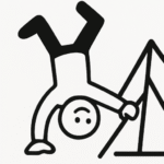 Mand står på hovedet og samler et telt mens han smiler